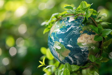 Planet Earth Embraced by Fresh Green Leaves, Symbolizing Environmental Care and Nature
