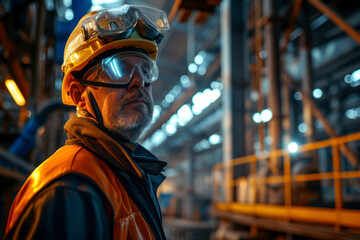 Worker in safety gear, a factory worker donned in safety gear such as a helmet and reflective vest.