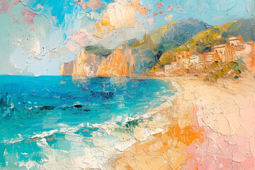 Impressionist Italian beach scene with vibrant cliffs, azure sea, and textured sand under a pastel sky.