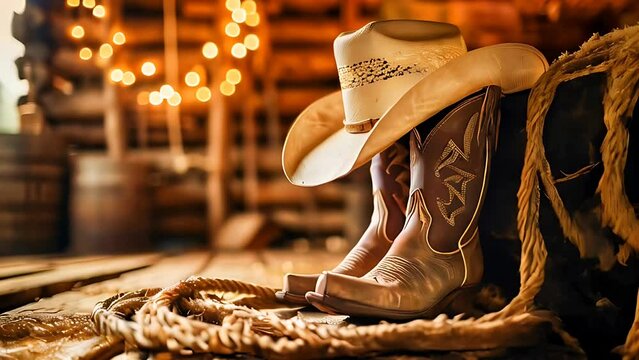 Cowboy hat, boots and rope in a barn