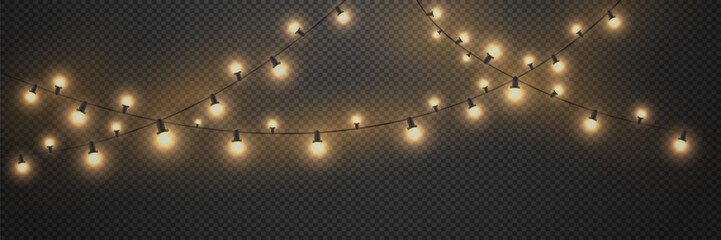 Christmas lights isolated on transparent background. Realistic light bulbs. Festive garland with luminous elements.