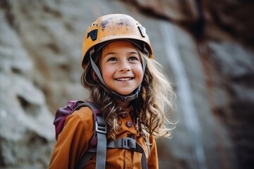 Portrait of cute little girl in helmet climbing on stone wall background