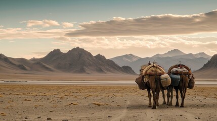 Nomadic Adventures. Nomadic journey across the desert at dusk with camels. - obrazy, fototapety, plakaty