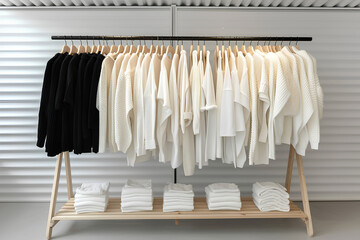 Stylish Wardrobe: A Fashionable Collection of White Clothes on Wooden Racks in a Modern Boutique
