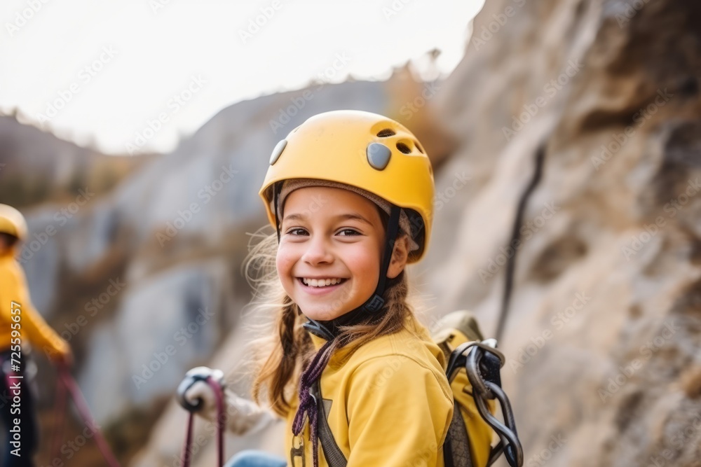 Sticker Portrait of a smiling little girl wearing safety helmet and climbing equipment