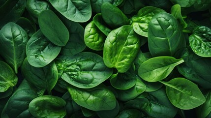 Fototapeta na wymiar Top view on fresh organic spinach leaves, water drops, full area. Healthy green food 