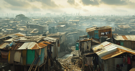 a poor, poor slum in a third world country. The street is full of garbage and puddles.