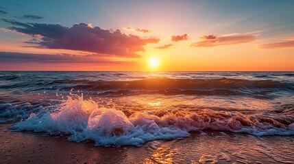 Seaside Sunset Bliss. Magic of a coastal sunset, blending warm hues with the soothing sounds of waves crashing on the shore.
