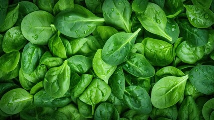 Fototapeta premium Top view on fresh organic spinach leaves, water drops, full area. Healthy green food 