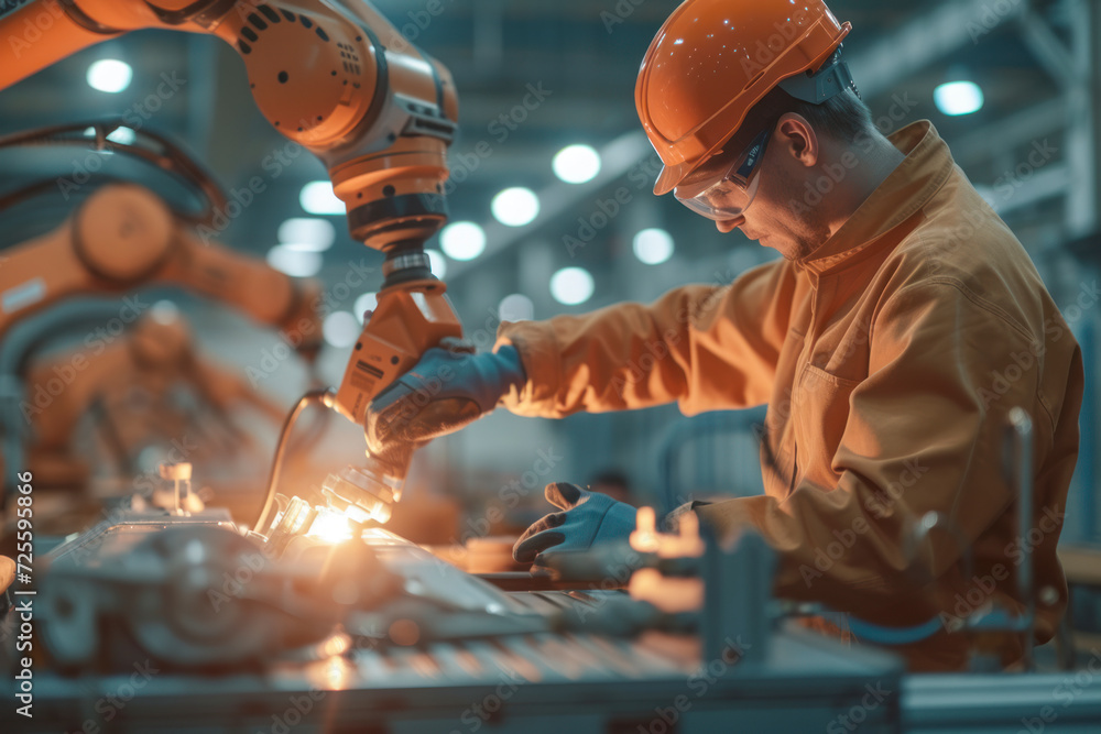 Aufkleber automated robotic assembly, a worker at the factory overseeing the seamless integration of robotic a