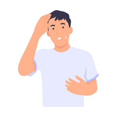 Shy man sweats and feels nervous when speaking in front of a public audience. Guy wiping sweat from face Because of the hot and sunny weather during the summer. Flat design