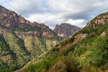 Fototapeta na wymiar Blick in die Bergwelt Richtung Elisa, Korsika, Frankreich