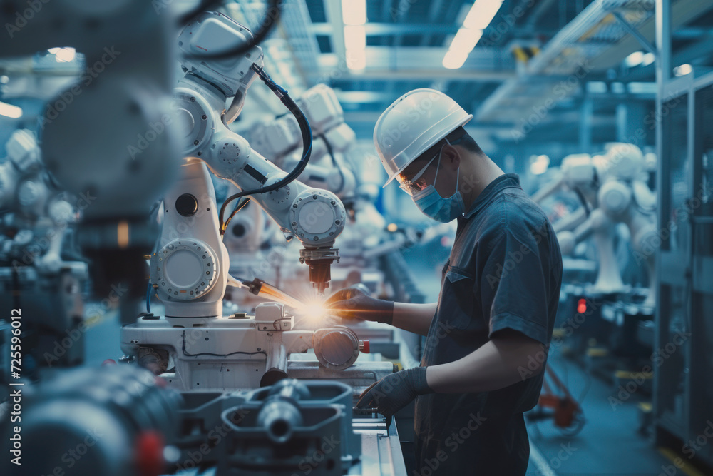 Aufkleber automated robotic assembly, a worker at the factory overseeing the seamless integration of robotic a