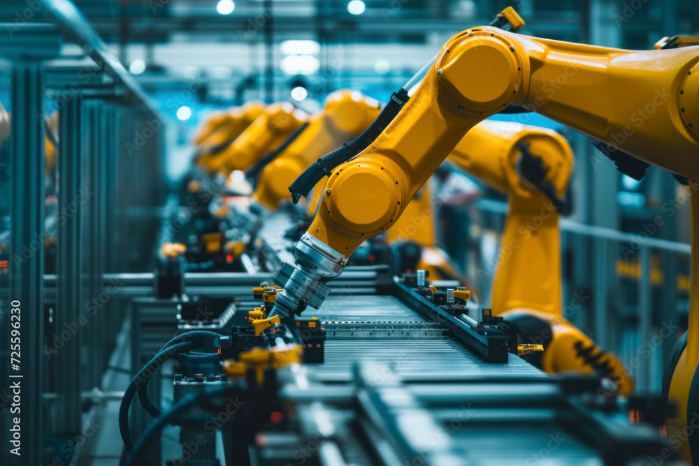 Poster automated robotic assembly, a worker at the factory overseeing the seamless integration of robotic a