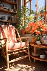 Cozy terrace with armchair and flowers in a cozy house
