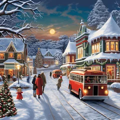 Wall murals London red bus Christmas and New Year holidays in european city. Winter landscape.