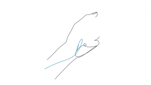 Self drawing animation of hand holding wireless earphone. Animated minimal line art.