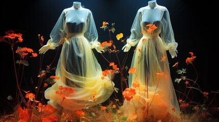 Young woman in see threw dress with bright light and flowers. Abstract silhouette touching flowers.
