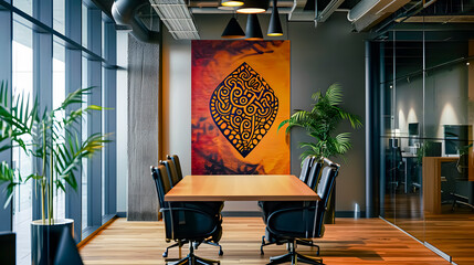 A modern office in Africa with a painting of modern African art