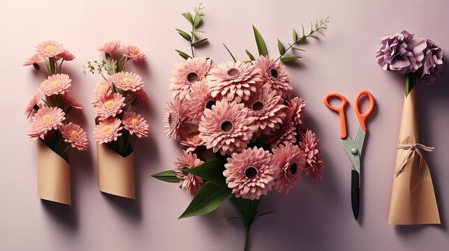 Top view photo of florist workplace. Flowers and scissors on isolated background.