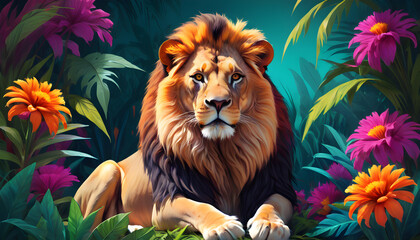 Majestic Lion Sitting Amongst Vibrant Tropical Flowers in an Illustrated Jungle Scene