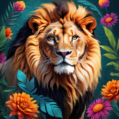 portrait of Majestic Lion Amongst Vibrant Tropical Flowers in an Illustrated Jungle Scene