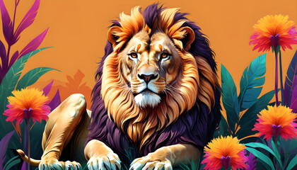 Majestic Lion Sitting Amongst Vibrant Tropical Flowers in an Illustrated Jungle Scene - obrazy, fototapety, plakaty