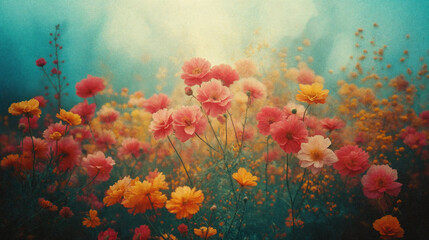 Fototapeta na wymiar Field of bright multi-colored flowers. Spring, summer banner. Old photo effect. Generative AI