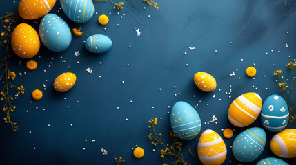 Happy Easter greeting Card with copy space. Colorful easter eggs with spring flowers on dark blue background. Generative AI - obrazy, fototapety, plakaty