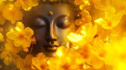 A calm Buddha statue's face surrounded by vibrant yellow flowers, depicting tranquility in nature.