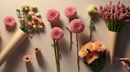 Top view photo of florist workplace. Flowers and scissors on isolated background.