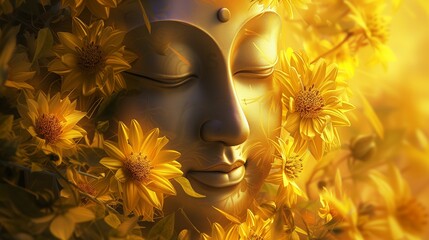 Obraz premium A calm Buddha statue's face surrounded by vibrant yellow flowers, depicting tranquility in nature.