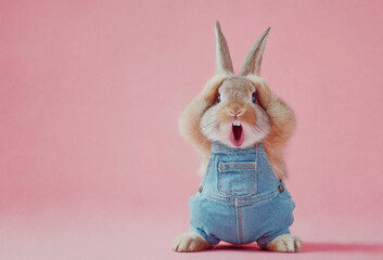 Surprised shocked rabbit with paws near his head in overalls on a pink background.   AI Generative