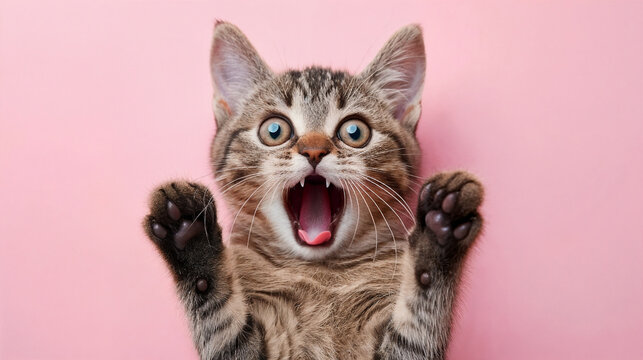 Crazy surprised cat with raised paws makes big eyes. AI Generative