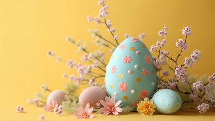 Fototapeta na wymiar Happy Easter holiday background. Easter eggs and flowers on a yellow background. AI generated.