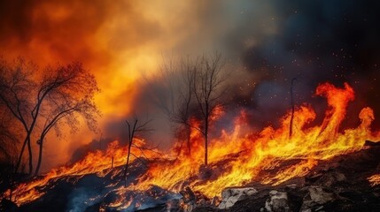 An apocalyptic scene of fire and smoke as a forest fire spreads uncontrollably, leaving a trail of destruction in its path.