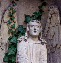 An angel with large wings looks at the world. Ancient sculpture in the cemetery