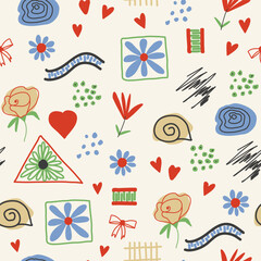 Abstract trendy creative universal colorful seamless pattern. Hand drawn hatchings design, doodles, sketch,  artisan, organic, manual art, neutral palette. Vector illustration.