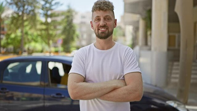 Handsome young man with blue eyes and a beard posing with arms crossed on an urban street.