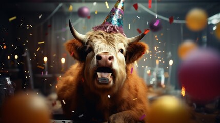 oxen Happy cute animal friendly bull wearing a party hat celebrating fancy newyear or birthday party festive celebration greeting with bokeh light and paper shoot confetti surround party - obrazy, fototapety, plakaty