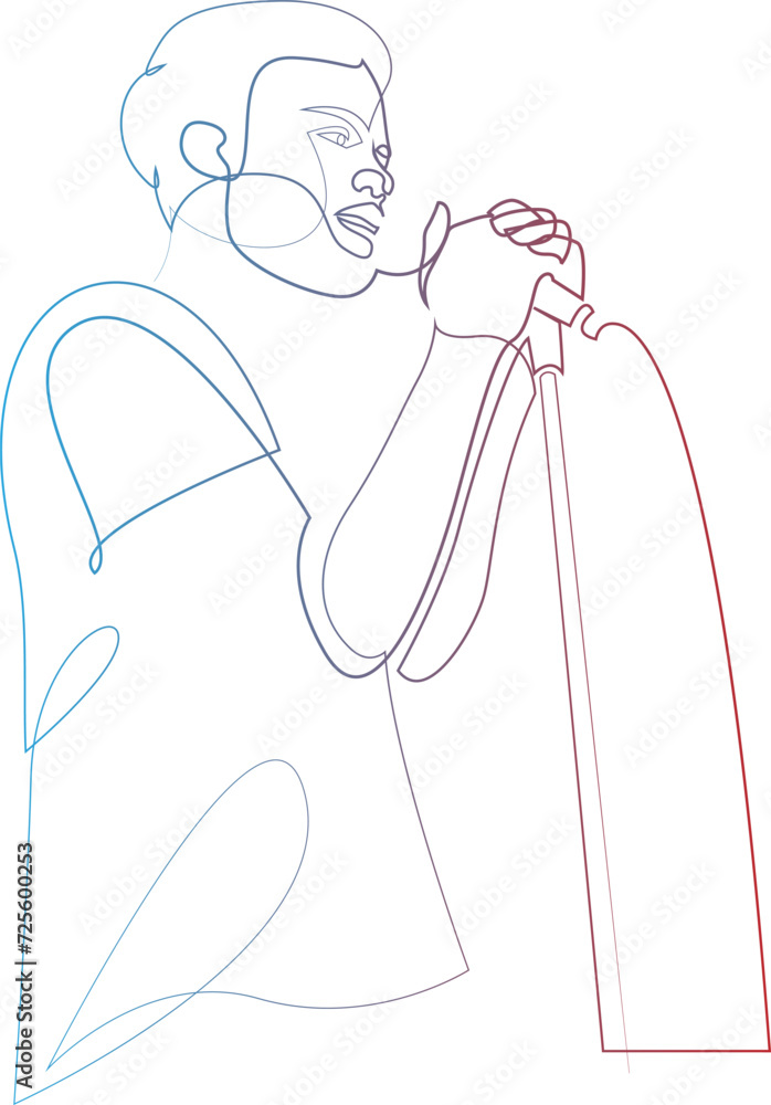 Poster man singing or performing stand up comedy continuous line drawing. one line art of man singing karao
