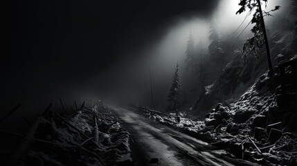 Shadows of Solitude: Timeless Journey Down the Enigmatic Black and White Path. Captivating black and white photo capturing the essence of a solitary journey along a mysterious and evocative dark road
