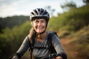 Portrait of senior woman riding mountain bike on a forest trail.