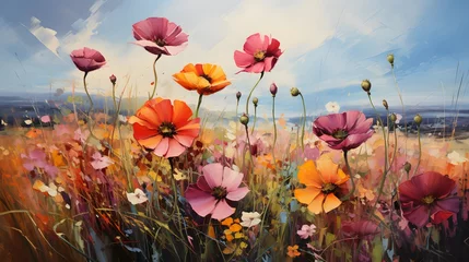 Fototapeten Colorful cosmos flowers in meadow, panoramic view. © Michelle