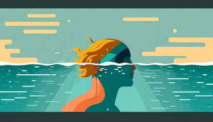 Illustration of man snorkeling in the ocean. Man swimming on vacation. Snorkeling in the summer.