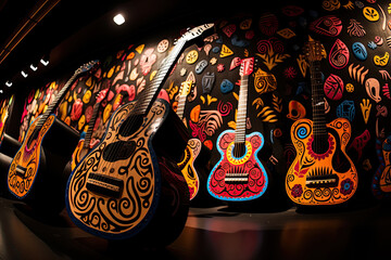 Harmony in Color: A Vibrant Array of Lined Up Guitars Showcasing Vivid Musical Melodies