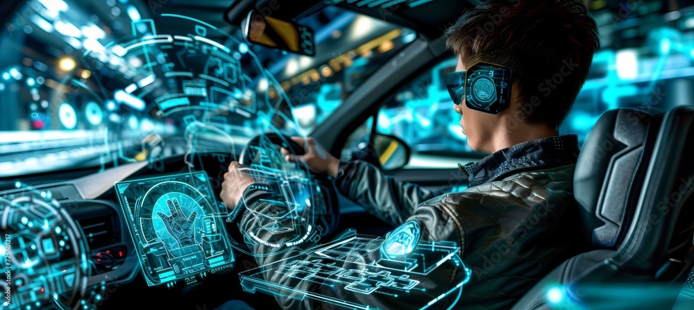 Poster engineer programming autonomous vehicle with interactive holographic elements in blurred background