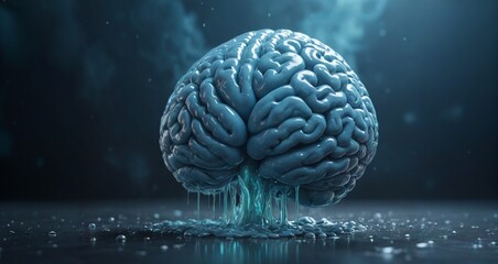 3d model human brain blue tonabe, with slime drops .Frosty background.CGI illustration.