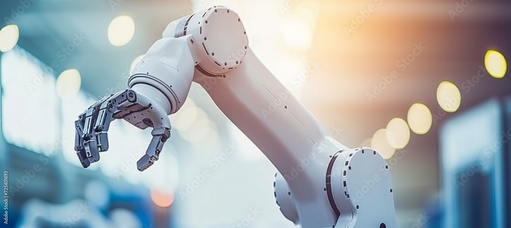 Poster automated robot arm on modern production line with machine learning, blurred background, copy space