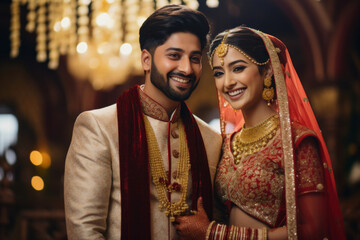 Happy Indian ethnic Bride and Groom wearing traditional costumes and jewellery on their wedding day